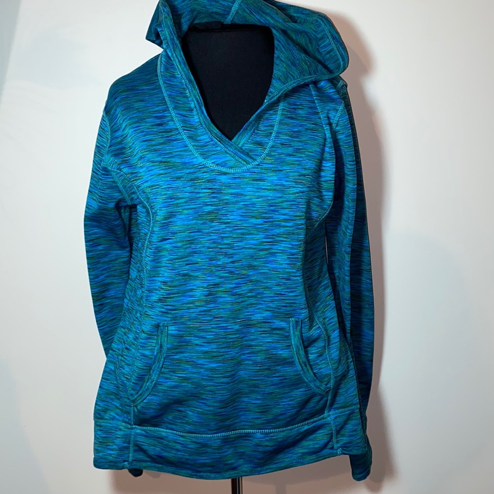 Women’s tangerine hooded athletic sweatshirt blue heather peacock Large V-neck